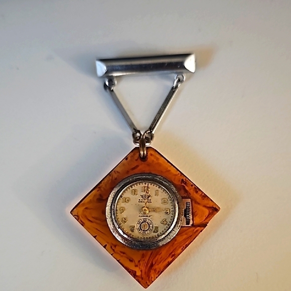 Vintage Square Amber Brooch with Hanging Geneva Watch - Picture 2 of 5